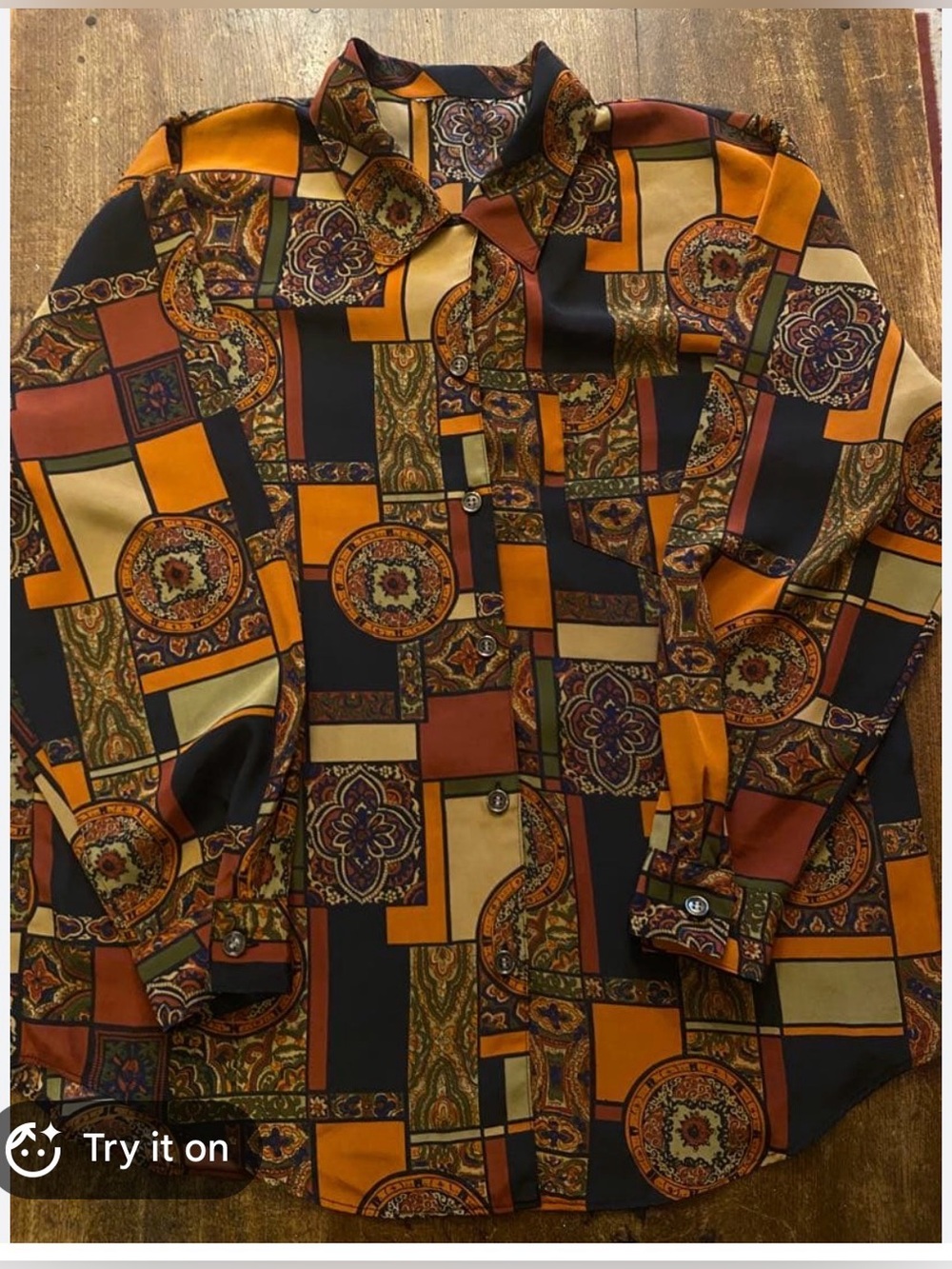 Vintage-Inspired Geometric Print Shirt — Black, Orange & Brown
